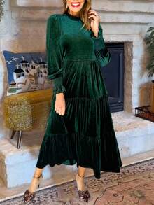 1Pcs Women Velvet Long Sleeves Elegant Casual  Stand Ruffle Collar  Maxi Dress Ruffle/ Smocked Cuffs  Layered Hem For Night Out  Party  Daily Holiday - Dark Green - View 3