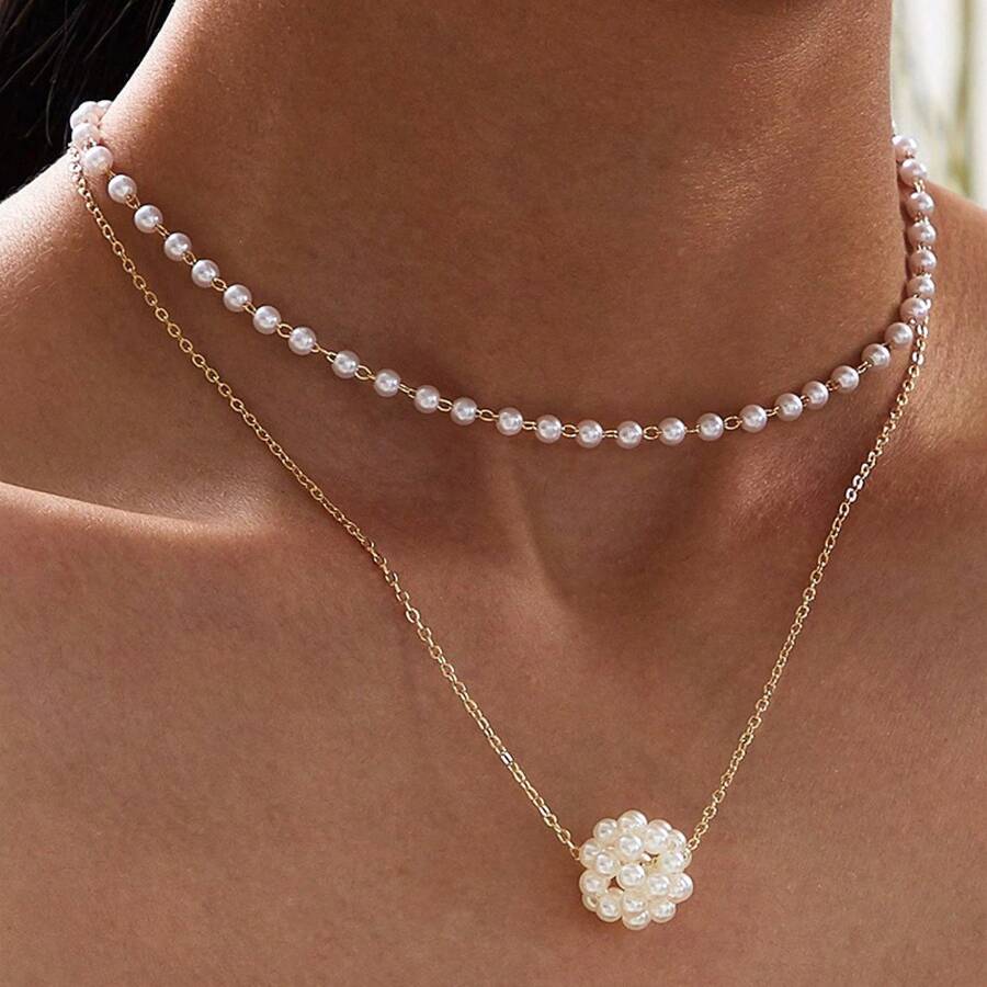 New Jewelry: Fashionable Vintage Double-Layer Pearl Necklace With Metal Choker - 金子 - 查看 1