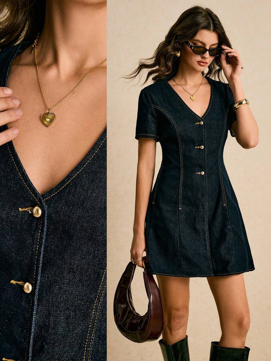 2026 Vestido vaquero de manga corta casual de unicolor para mujer - Azul lavado oscuro - Ver 1