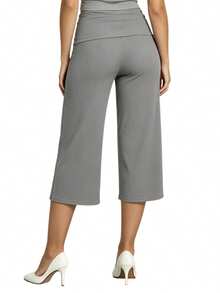 Womens Wide Leg Capris Casual Fold Over Waist Stylish Solid Color Mid Rise Cropped Pants - Grey - View 3