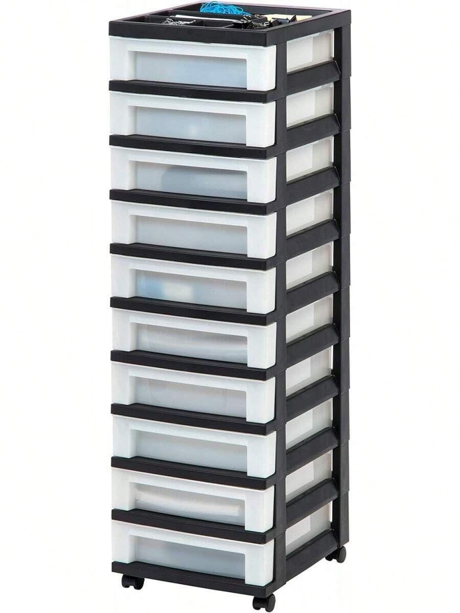 IRIS USA 10 Cajones de Organizadores de Plástico para Manualidades, Carrito de Almacenamiento Rodante para Suministros de Arte, Organizador Superior de Cajones para Piezas Pequeñas,/Perlado - Negro/Perla - Ver 1
