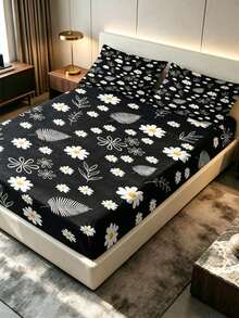 3pcs Daisy & Feather Pattern Fitted Sheet Set (Including Pillowcase), Soft & Breathable, Suitable For Spring Room Decor, Home, Hotel, Bedroom - Multicolor - View 12