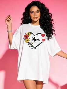 Women's Summer T-Shirt, Casual, Soft, Round Neck, Short Sleeve, Floral Print With Heart And The Word "Mom". White. - 白色 - 查看 7