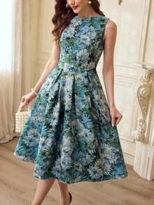Vestido de mujer elegante y clásico vintage, vestido de jacquard ajustado para primavera/verano, vestido de cuello barco, vestido floral rosa sobre base albaricoque, vestido con flores de rosa, vestido de vuelo de longitud media - Azul - Ver 1