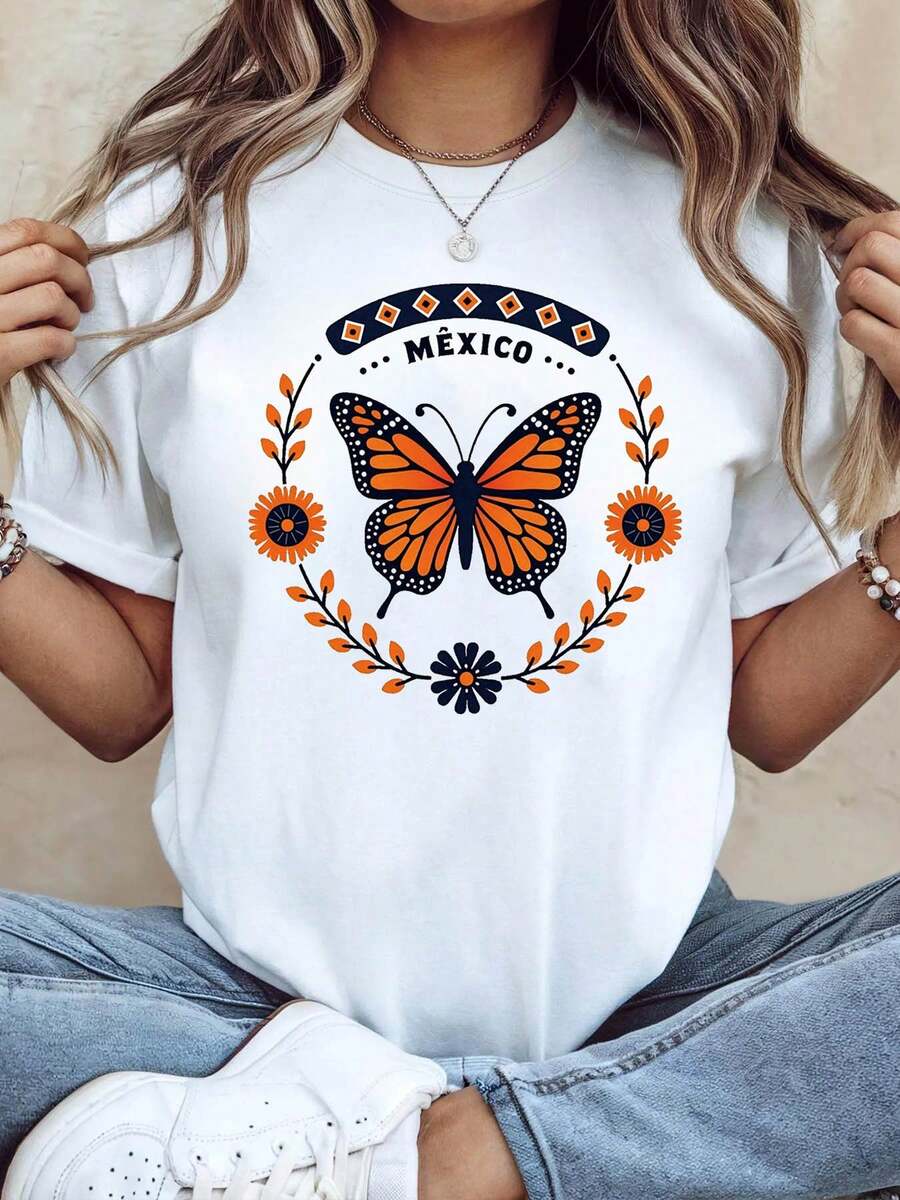 Women's T-Shirts Women'S Mexico Butterfly & Flower Theme T-Shirt | Monarch Butterfly & Flower & Slogan Dr Casual Short Sleeve, Exotic Travel Festive Top, Spring/Summer Seasonfor Womencasual Blouses For Ladies - 白色 - 查看 1