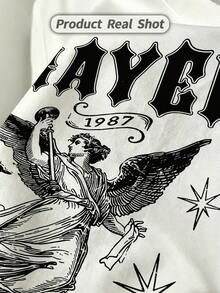 Women's Summer Casual Soft Round Neck Short Sleeve T-Shirt, Vintage Prayer Angel 1987 Print Graphic For Spring And Summer Wear.White - White - View 3