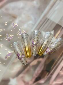 1張夢幻氛圍感美甲貼紙，金色燙印紫色蝴蝶與星空圖案，溫柔自黏式美甲貼紙 - 彩色 - 查看 2