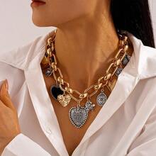 1pc Metal Heart & Butterfly Pendant Necklace With Thick Chain, Suitable For Women's Daily Gothic Style Wear - Multicolor - View 4
