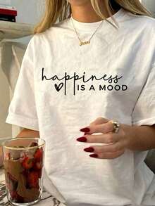 Casual Loose Fit T-Shirt: Short-Sleeved T-Shirt With A Simple And Cute Print, Casual And Versatile Style For Vacations, Round Neck, Loose Fit, Suitable For Everyday Wear And Holidays. Short-Sleeved Printed T-Shirt, Suitable For Everyday Wear In Summer, Suitable For Holidays Such As Valentine's Day, Back To School, Teacher's Day, Etc. Short-Sleeved T-Shirt With Letter Print, Soft, Loose And Comfortable, Relaxed Street Style And Versatile For Vacations - 白色的 - 查看 1