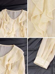This Elegant And Sweet, Textured Ruffled V-Neck Casual Shirt With Puffed Sleeves Is The Perfect Choice For An Outdoor Brunch In Spring/Summer 2026. - Light Yellow - View 11