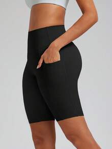 2pcs/Set Women's Elastic High Waist Butt Lifting Tummy Control Cycling Shorts, Summer Sports Shorts, With Pockets, High Elasticity, Comfortable Breathable, Quick Dry Moisture Wicking, Solid Color, Knitted Fabric, Suitable For Gym Fitness, Cycling, Jogging, Running, Workout, Training, Yoga, Pilates - Black - View 5