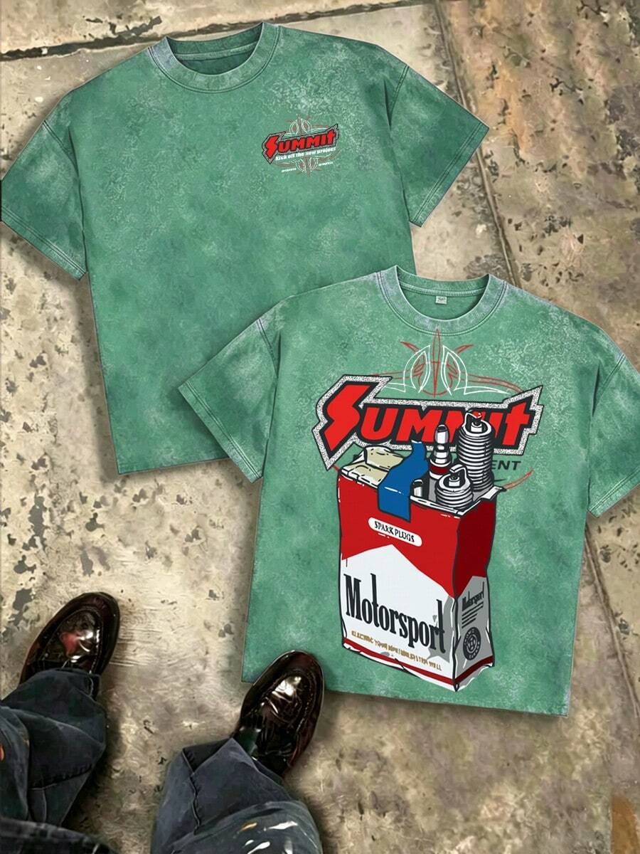 Summit Motorsport Spark Plug Retro Car Culture Oversized Graphic Tee, Oversize Men Cotton Crew Neck Streetwear Summer Top - 綠色 - 查看 1