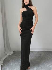 Women's Solid Color Ruched Halter Dress, Summer Party Black Elegant - Black - View 1