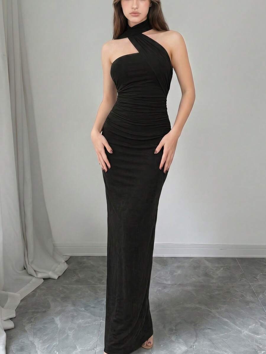 Women's Solid Color Ruched Halter Dress, Summer Party Black Elegant - Black - View 1