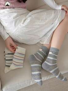 4 pares de calcetines de gato con etiqueta de tela a rayas primavera/verano, calcetines de media pantorrilla para mujer, calcetines deportivos de algodón estilo vintage japonés Ins para parejas - Multicolor - Ver 5