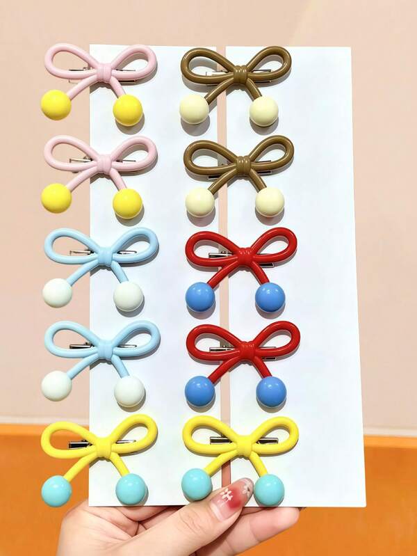 10/5pcs/Set Colorblock Bow Hair Clips Set, Featuring Spherical Bead Design, Minimalist Yet Playful Style, Suitable For Buns, Pigtails Or Casual Hairstyles, Ideal For Women & Girls, Daily, Date, School, Vacation, Beach, Party, Holiday, Gift, Graduation