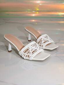 Middle East Trending Mesh Woven High Heel Slide Sandals, Summer Fashion Open Toe Square Toe Stiletto Heels - White - View 2