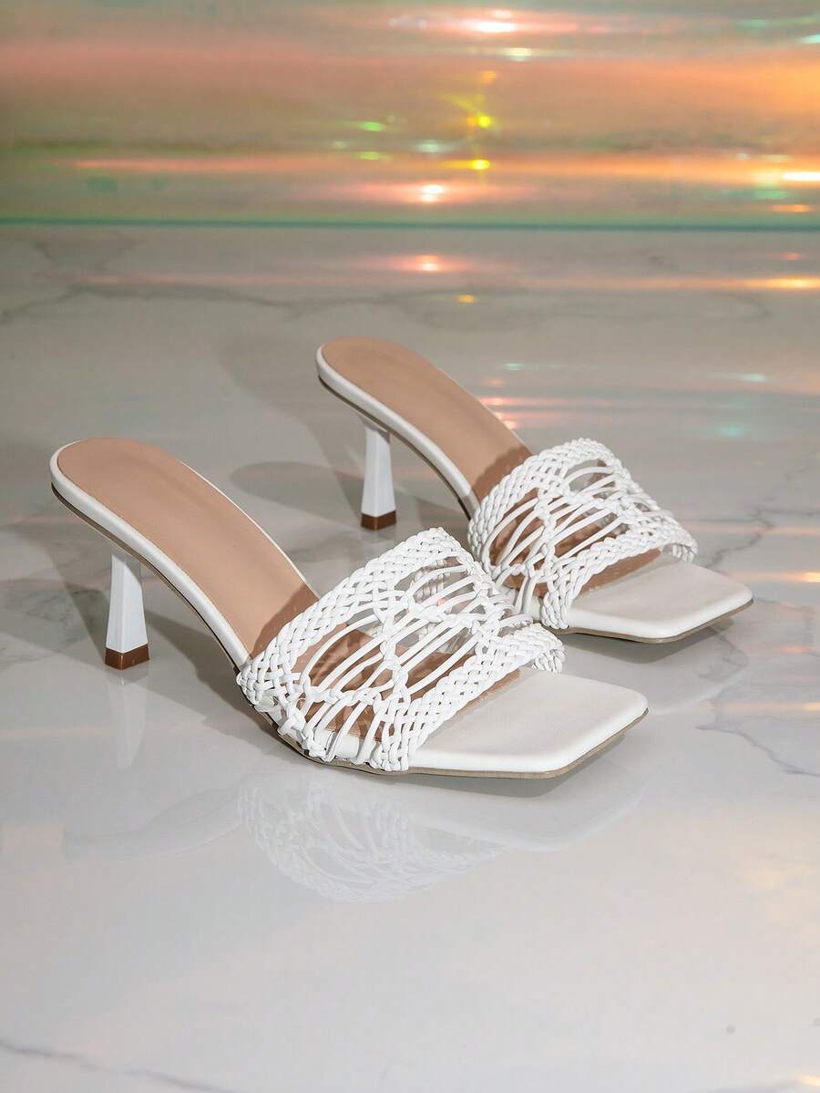 Middle East Trending Mesh Woven High Heel Slide Sandals, Summer Fashion Open Toe Square Toe Stiletto Heels