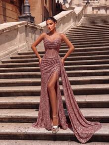 ADYCE Đầm dạ hội dáng dài chấm đất, sang trọng, dây mảnh, cổ chữ V, đính sequin, eo cao, xẻ tà cao, hở lưng, thắt dây chéo, phù hợp cho dạ hội, dự đám cưới, tiệc gala, hẹn hò, tiệc tối trang trọng, tiệc sinh nhật, lễ kỷ niệm, họp mặt gia đình. - Bụi hồng - Xem 6