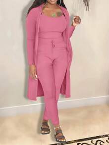 Casual Ribbed 3-Piece Set, Crop Top+High Waisted Drawstring Pants+Long Cardigan, Women's Clothing - 粉色 - 查看 6