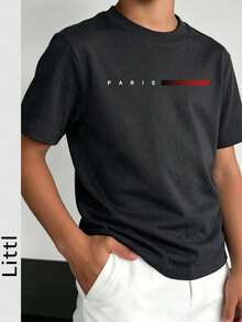 Tween Boys Casual Navy Blue Round Neck Printed Short Sleeve T-Shirt, Summer Top - Dark Grey - View 1