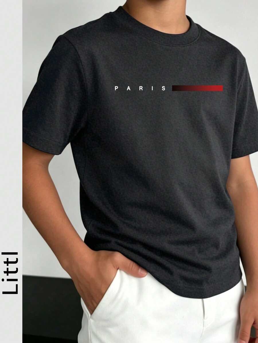 Tween Boys Casual Navy Blue Round Neck Printed Short Sleeve T-Shirt, Summer Top - Dark Grey - View 1