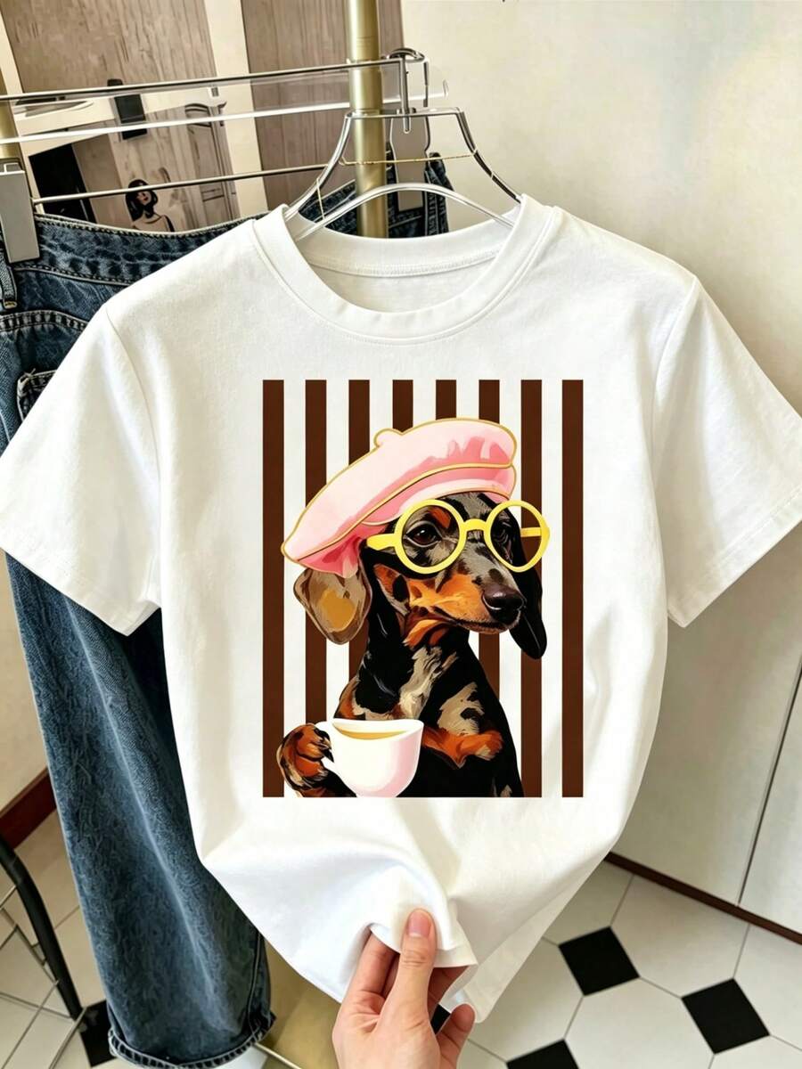 Camiseta con Estampado de Dachshund a Rayas, Linda, Casual, de Cuello Redondo y Manga Corta para Mujer, Verano - Blanco - Ver 1