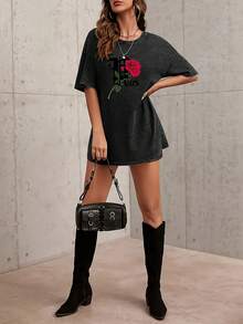 Women's 100% Pure Cotton Vintage Print T-Shirt - 230g Thick Cotton, Round Neck, Short Sleeves, Vintage Street Style, Machine Washable, Suitable For Casual Spring And Summer Wear, Loose Fit T-Shirt. - 黑色 - 查看 2