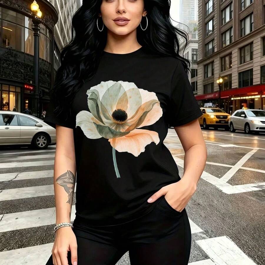 Camiseta de mujer con estampado realista de amapola pálida y centro oscuro - camiseta casual de manga corta con ajuste cómodo y estilo urbano, perfecta para paseos por la ciudad o días soleados en México - regalo ideal para mamá, esposa, novia, herma - Negro - Ver 1