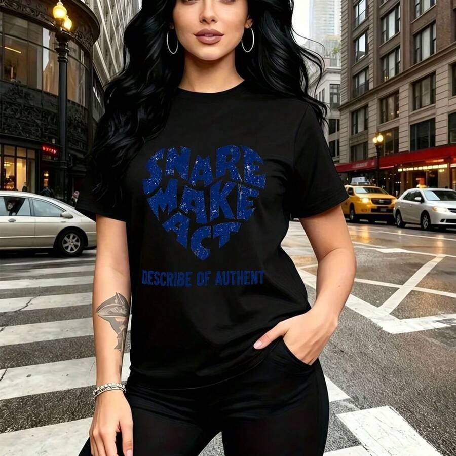 Camiseta de mujer con estampado urbano de diseño gráfico azul "SHARE MAKE ACT" en forma de corazón y texto "DESCRIBE OF AUTHENTIC" - camiseta corta de manga corta con ajuste casual y cómodo, estilo moderno y expresivo para la ciudad - ideal para pase - Negro - Ver 1