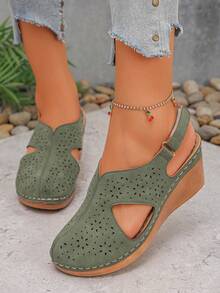 Women's Summer Outdoor Wedge Thick-Sole Slip-On Sandals, Hook And Loop Strap At Heel, Holiday Essential, Comfortable Non-Fatiguing, Outdoor Gathering - Dark Green - View 4