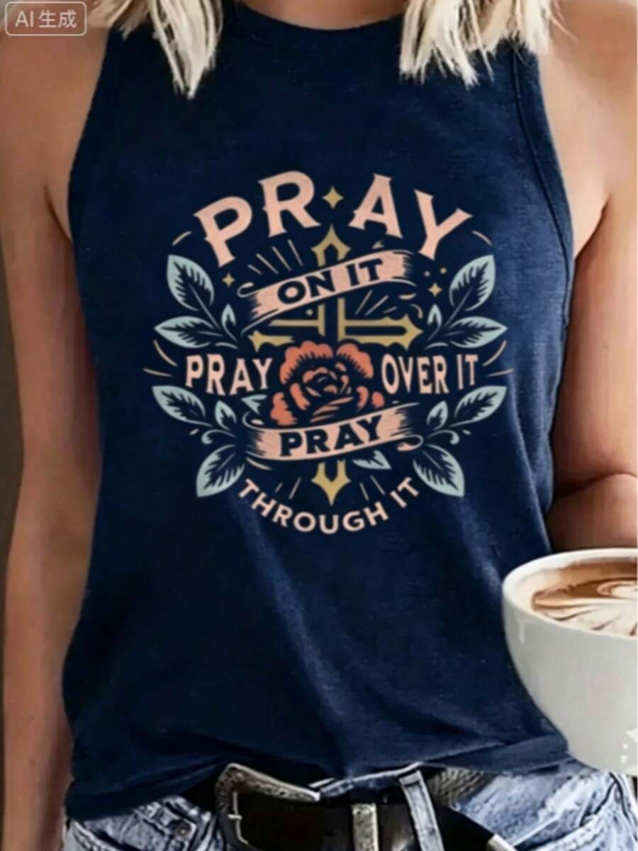 Leisure "Pray, Pray, Pray" Christian Faith Inspirational Graphic Print Tank Top-Women's Casual Sleeveless Tank Top, Soft,Breathable Fit Summer T-Shirt - 藏青色 - 查看 1