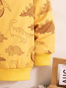 Boys' Casual Dinosaur Print Zip-Up Hooded Fleece Jacket, Suitable For Outdoor Wear, Autumn/Winter - Yellow - View 7