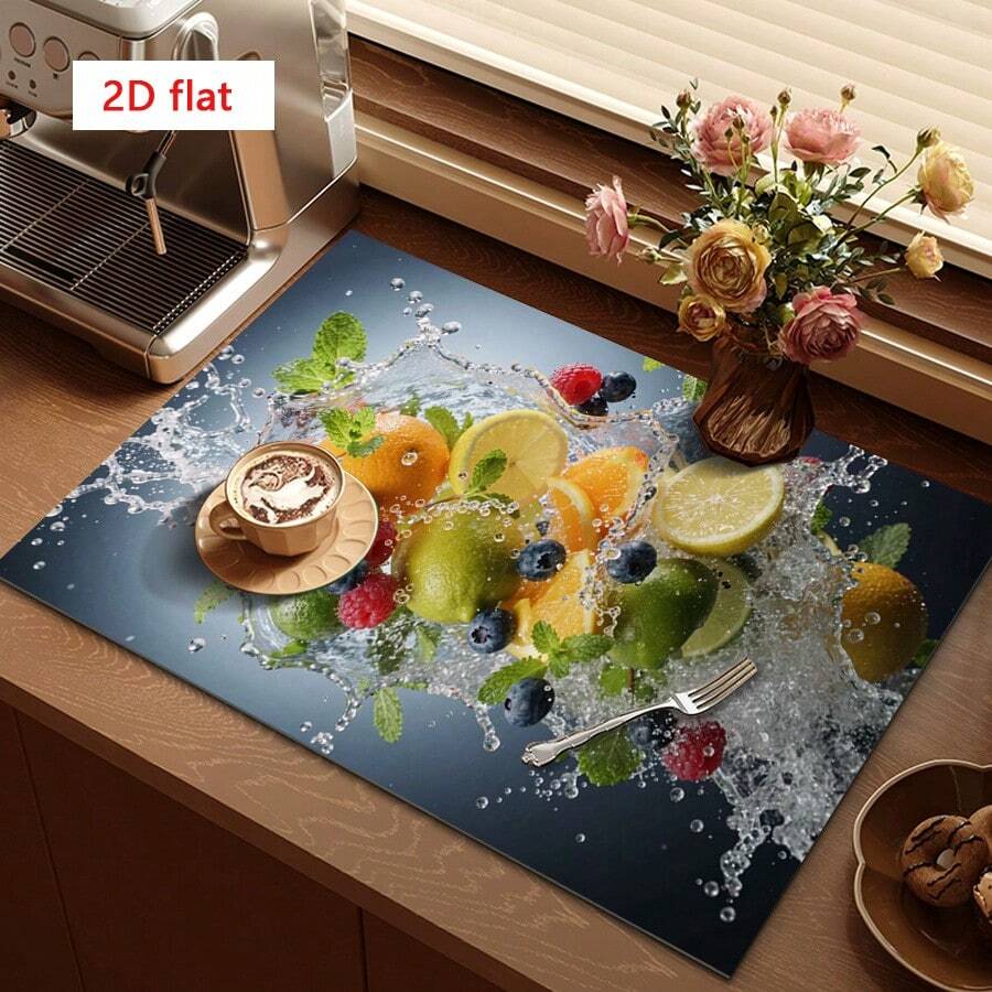 1pc Dish Drying Mat, Coffee Machine Mat, Vibrant Citrus Berry Splash Pattern, Highly Absorbent, Suitable For Dining Table, Cafe, Kitchen Counter, Multipurpose Drainage Mat, Home Gift, Tabletop Decor