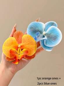 2 buah/1 buah Jepit Rambut Wanita Gaya Bohemian Motif Kupu-kupu dan Anggrek Warna Kuning dan Biru Muda, Jepit Rambut Poni Modis - MultiWarna - View 15
