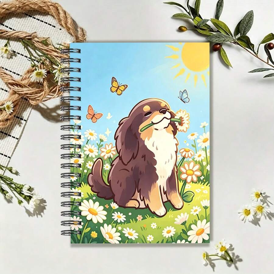 1本 A5 筆記本，春季雛菊與小狗療癒插畫封面螺旋裝訂日記本，適合返校季、日常記錄、心情日記，學校用品 - A5 - 查看 1