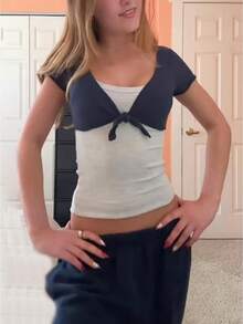 Women's Wrap Tops V Neck Crop Tops Summer Short Sleeve Tie Front T-Shirt Slim Fit Solid Color Shrug Blouse Casual Basic Tees Aesthetic Streetwear - 藍色 - 查看 1