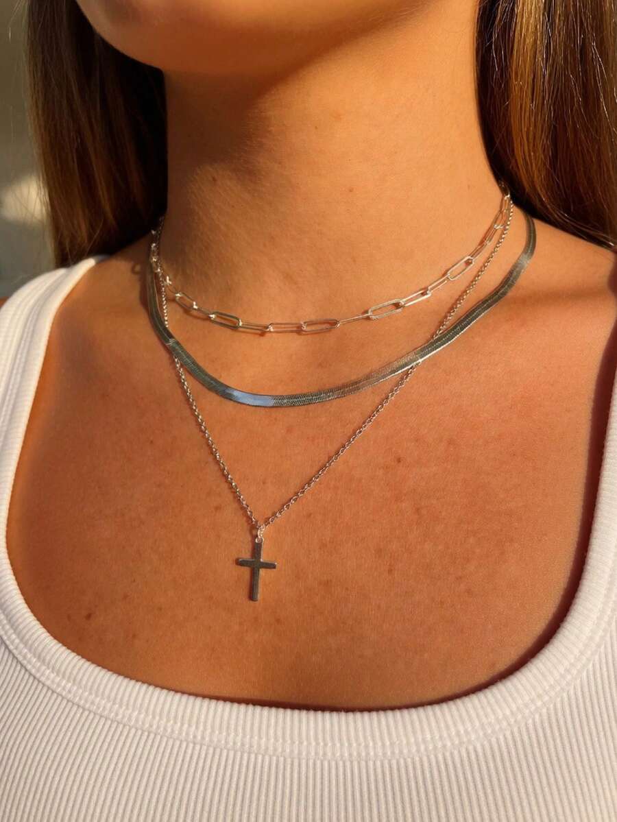 3pcs Stainless Steel Blade Chain Necklace Set, Silver Tone Copper Zirconia Cross Pendant, Versatile Daily Wear Accessory For Women (Random Clasp Quantity)