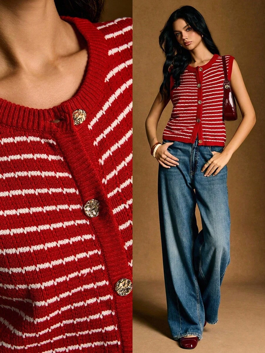 2026 Chaleco de mujer a rayas rojas con decoración de botones metálicos, chaleco de punto con botones delanteros a rayas casual retro bohemio para mujer, para oficina, vintage, salir, otoño - Rojo y blanco - Ver 1