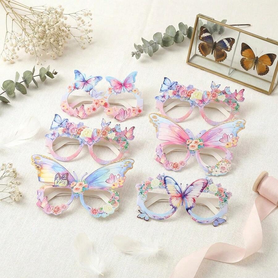 12pcs Pink & Purple Butterfly Shaped Paper Glasses, Party Photo Booth Props, Mix & Match Butterfly Colors, Perfect For Butterfly Theme Birthday Party Photo Booth Props And Masquerade Decorations - Multicolor - View 1