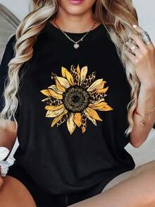 Women's Printed T-Shirt, Loose Fit, Plus Size, Round Neck, Casual, Short Sleeve, For Summer - Hitam - View 1