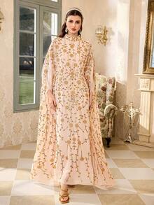 Elegant Embroidered Long Robe, Stand Collar, Pearl Embroidery, Batwing Half Sleeves, Soft Fabric Suitable For Parties And Formal Events - Apricot - View 10