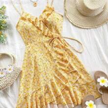 Fengyu Women's Clothing Store Vestido azul de mujer con detalles de volantes y estampado de corazones por todas partes tipo camisola de envoltura "WYWH Vacation", Vestidos de verano, Vestidos de verano para mujer, Ropa de primavera - Amarillo - Ver 1