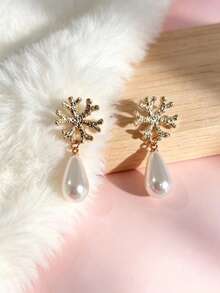 1 Pair Elegant Gold Coral Earrings With Teardrop Pearl Pendant, Zinc Alloy Material, Suitable For Daily, Vacation, Party, Wedding And Other Occasions - Coral and Pearl - View 2