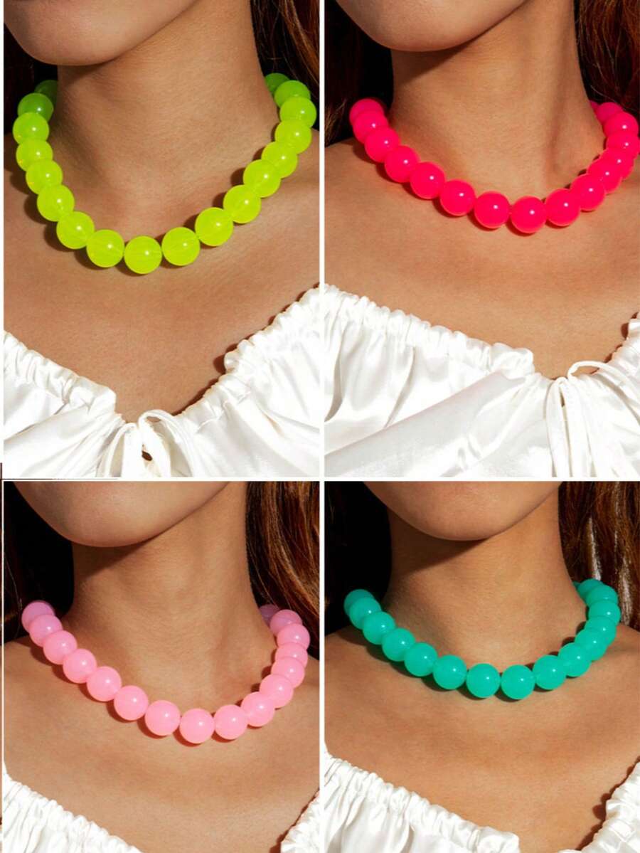 1 pieza Collar de cuentas de dopamina de acrílico multicolor, accesorio versátil de color de caramelo fresco de moda para uso diario, fiesta, reunión (cantidad de cuentas aleatoria) - verde oscuro - Ver 1