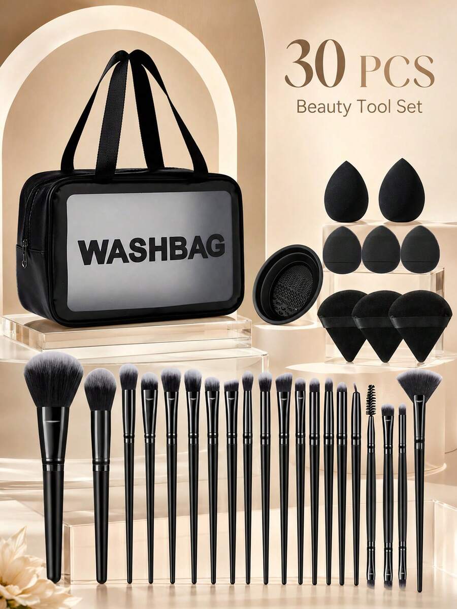 30PCS Black Makeup Brush Set With Wash Bag, Professional Synthetic Brushes, Beauty Sponges, Triangle Powder Puffs, Facial Roller & Cleaning Brush, All-In-One Makeup Kit For Beginners & Travel - Black - View 1
