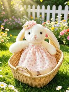 1pc XL Cute Floral Dress Rabbit Plush Doll, Soft Stuffed Rabbit Doll With Lace Hat, Fashion Home Room Decor, Suitable For Children's Holiday Birthday Gift - Pink - View 4