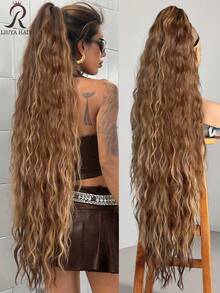 European And American Gradient Color Long Wavy Hair Wig With Water Ripple Effect | High-Temperature Fiber 36-Inch Slouchy Curly Hair Bun Wig, Daily Short Wave Synthetic Ponytail Wig - Multicolor - View 11