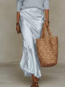 Slip Maxi Dress & V-Neck Knit Sweater Outfit, Elegant Casual Matching - Baby Blue - View 3