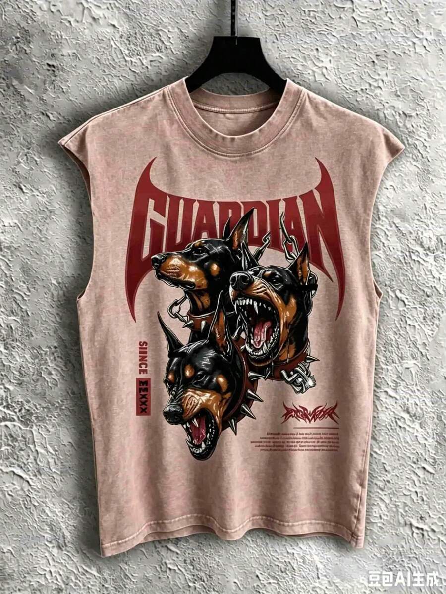 2026 New Summer Men's Sleeveless T-Shirt 230g Washed, Guardian's Wild Power Pattern-Printed Vest, Men's Washed Vintage Tank Top, Washed Cotton Fabric, - 棕色 - 查看 1